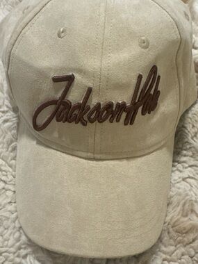 JACKSON Cream Suede Baseball Cap with Brown Script Logo